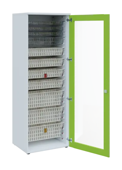 EUROMEDICA S - 66 skříň léková boxová, 1-dveřová/prosklená, pravá, 1950x660x535, korpus bílý, dvířka jarní zeleň